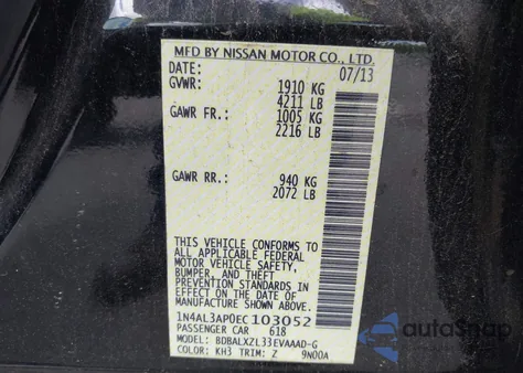 2014 Nissan Altima 2.5 Sl из США, поврежденный, VIN 1N4AL3AP0EC103052